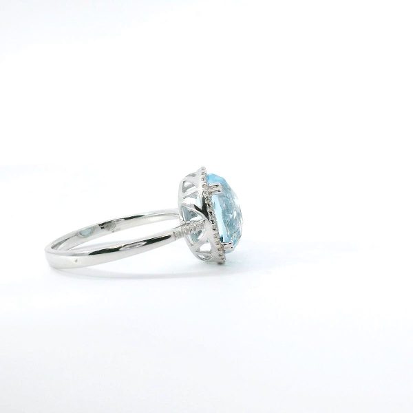 14K White Gold Swiss Blue Topaz Ring with Diamond Halo and Accents For Cheap