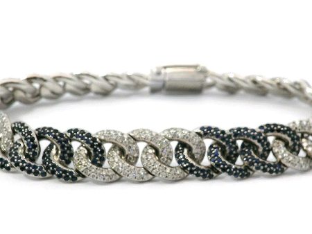 14K White Gold Pave Cuban Link Natural Sapphire and Diamond Bracelet Online Hot Sale