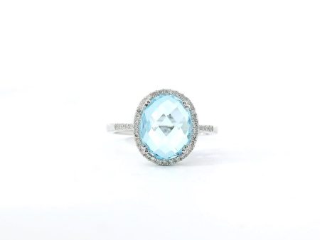 14K White Gold Swiss Blue Topaz Ring with Diamond Halo and Accents For Cheap