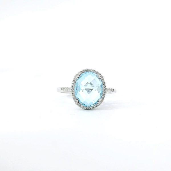 14K White Gold Swiss Blue Topaz Ring with Diamond Halo and Accents For Cheap