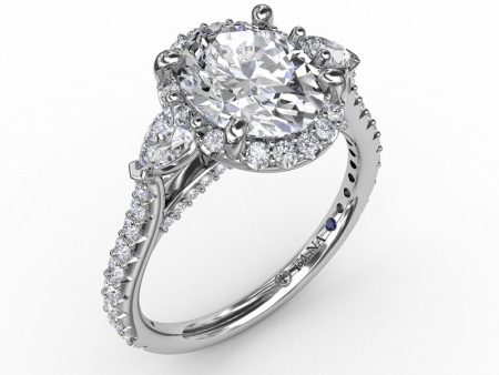 Fana Oval Diamond Halo Engagement Ring With Pear-Shape Diamond Side Stones 3280 on Sale