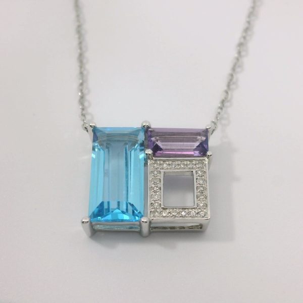 14K White Gold Blue Topaz and Amethyst Necklace Hot on Sale