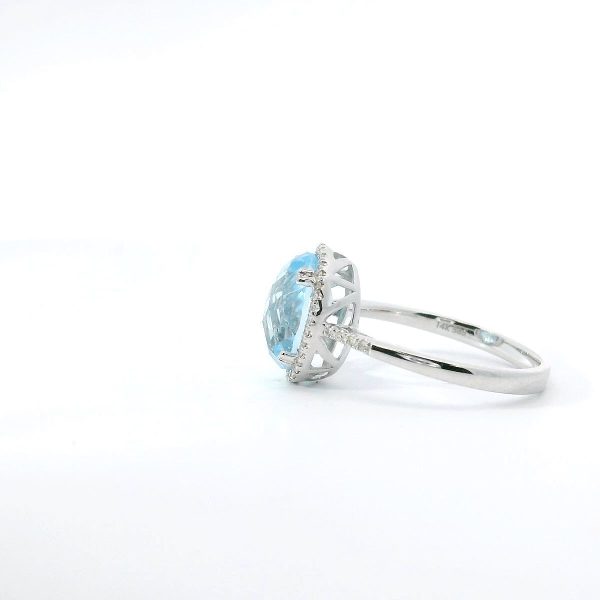 14K White Gold Swiss Blue Topaz Ring with Diamond Halo and Accents For Cheap