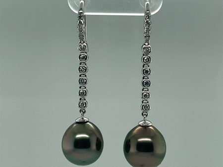 18k White Gold Tahitian and Diamond Dangle Earrings Hot on Sale